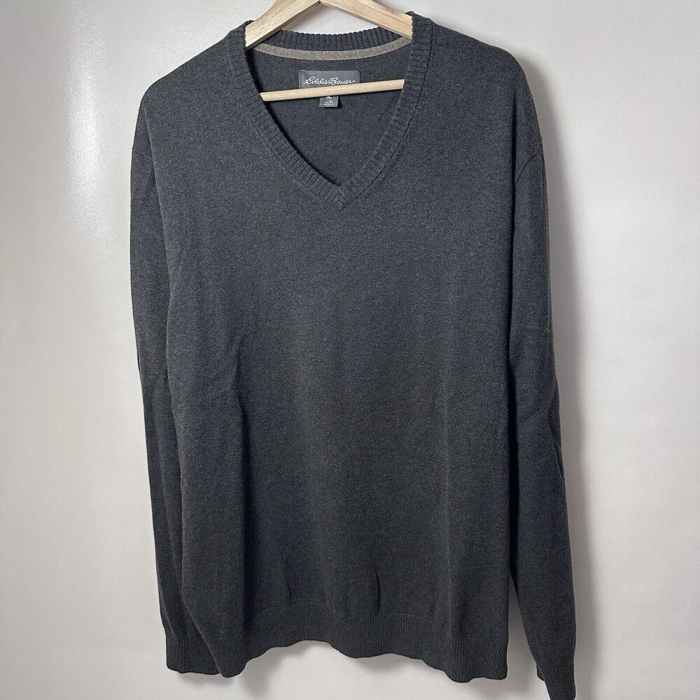 Eddie Bauer Sweater Merino Wool Gray Pullover V Neck Preppy Office Fall XL